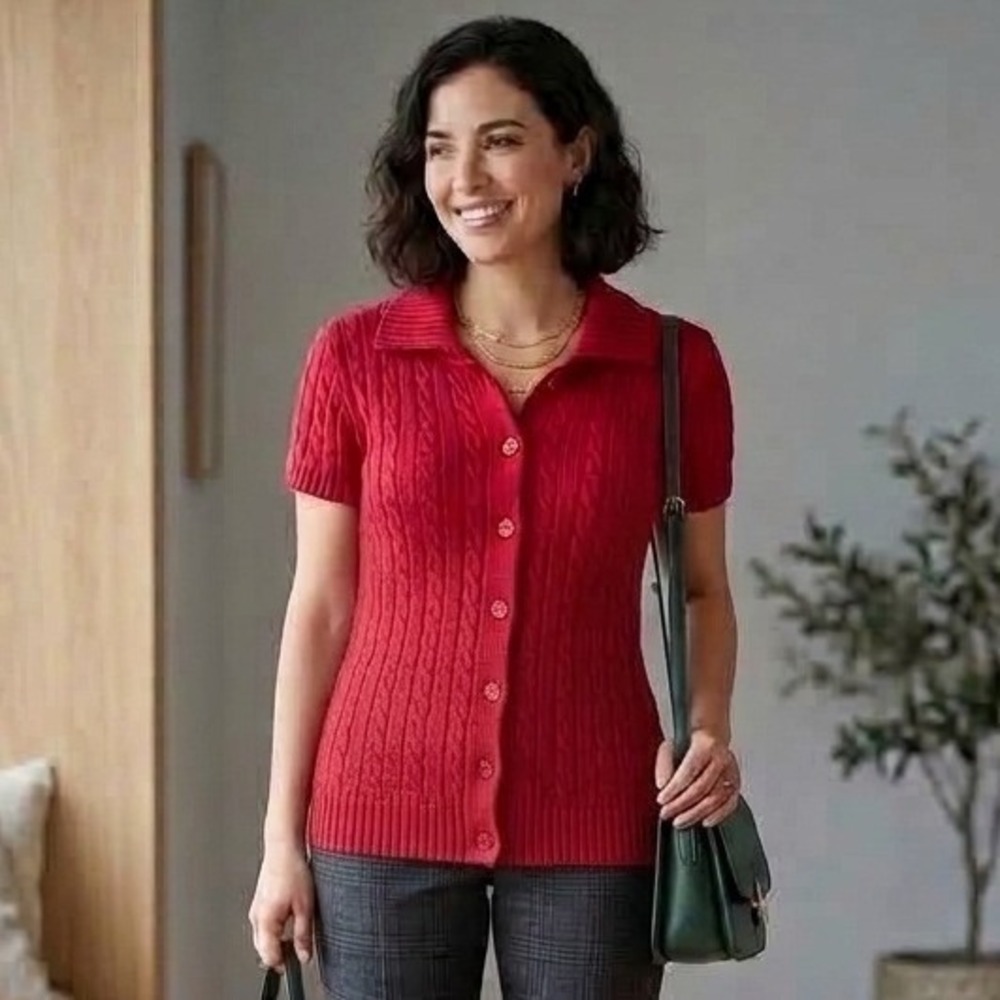 LL Bean Cardigan Womens Medium Red Short Sleeve Cable Knit Fitted Preppy